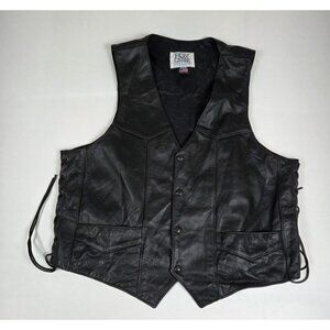 Vintage Fox Creek Men Size 50 Black Leather Eagle American Flag Biker Vest USA